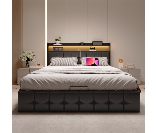 Cama doble con puerto USB, LED y almacenaje. Negro