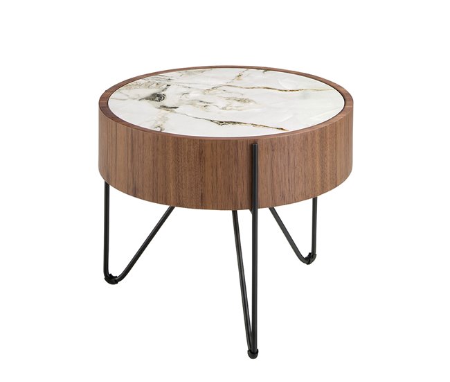 ANGEL CERDÁ Mesa rincón redonda mármol porcelánico Blanco/ Madera