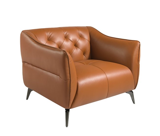 Sillón tapizado en piel con capitoné Marron Claro