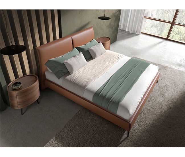 Cama matrimonio tapizada en polipiel Marron