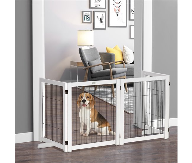 Barrera de Seguridad para Perros Madera de Pino y Acero PawHut Blanco
