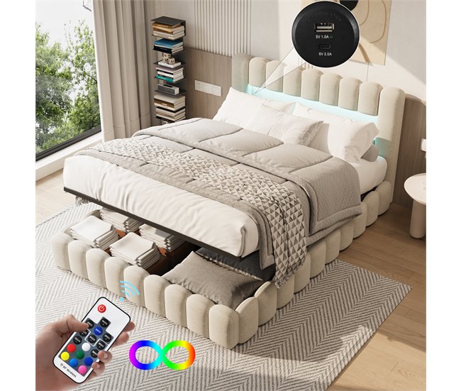 Cama, cama hidráulica, USB, iluminación LED, cama doble 193x220 Beige