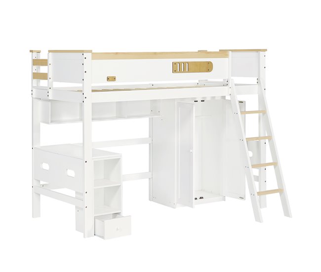 Cama alta infantil de madera de pino Natural/ Blanco