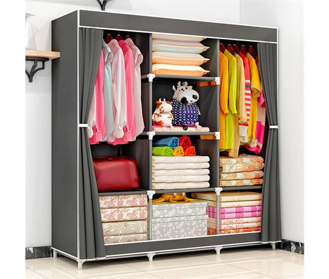 Armario Ropero de Tela Triple con Cortinas Correderas Thinia Home Blanco/ Gris