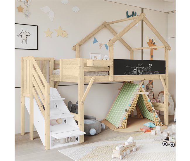 Cama alta cabaña infantil de madera de pino Natural/ Blanco