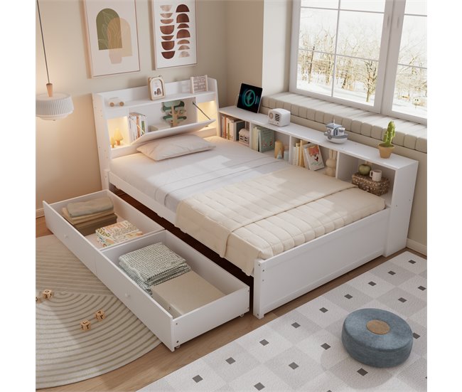 Cama juvenile de madera de pino con 2 cajónes 113x220 Blanco