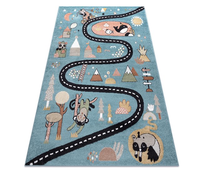 Alfombra FUN Route para niños calle animales 140x190 Azul