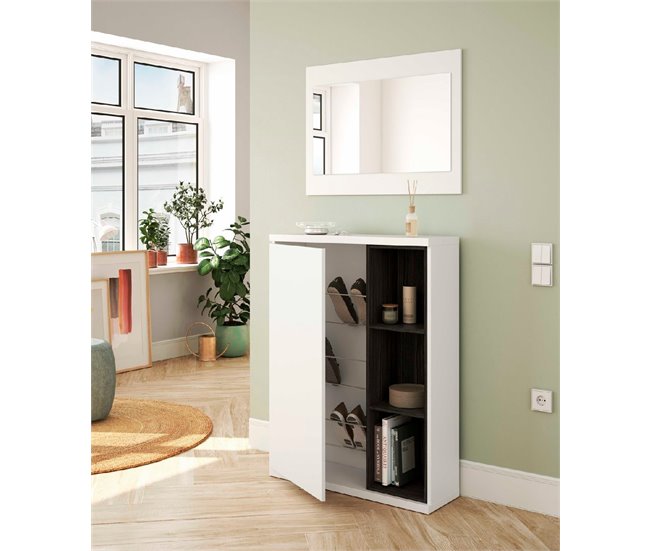 Mueble recibidor con espejo 1 puerta ADHARA Blanco/ Gris
