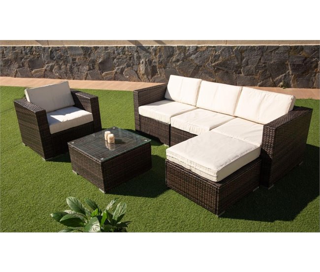 Sofa Chaise Longue + Sillon + Mesa de Ratan PE Marron
