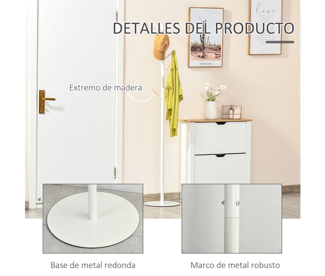 Perchero de Pie Metal, Madera Maciza HOMCOM Blanco