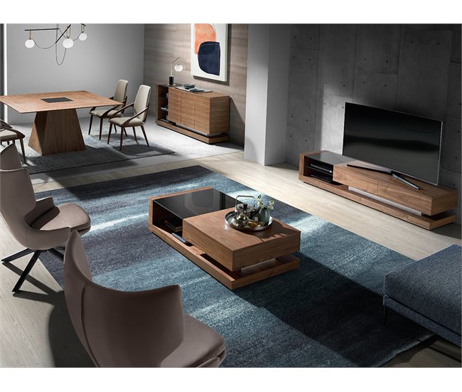 Mueble TV nogal, acero pulido y tapa de cristal negro Nogal