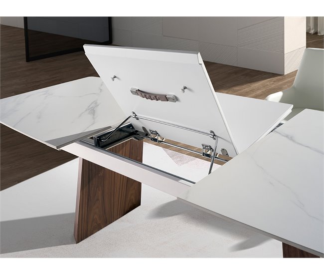 ANGEL CERDA Mesa comedor extensible ovalada barril mármol porcelánico y nogal 230x90 Nogal