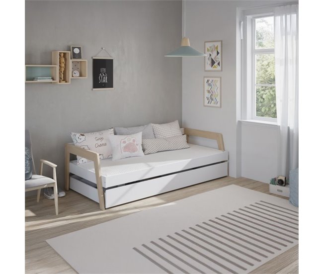 Cama doble juvenil Misty Haze 210x96 Blanco/ Madera