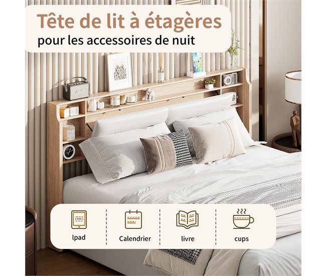 Cama tapizada doble juvenil con LED y almacenamiento hidráulico Blanco