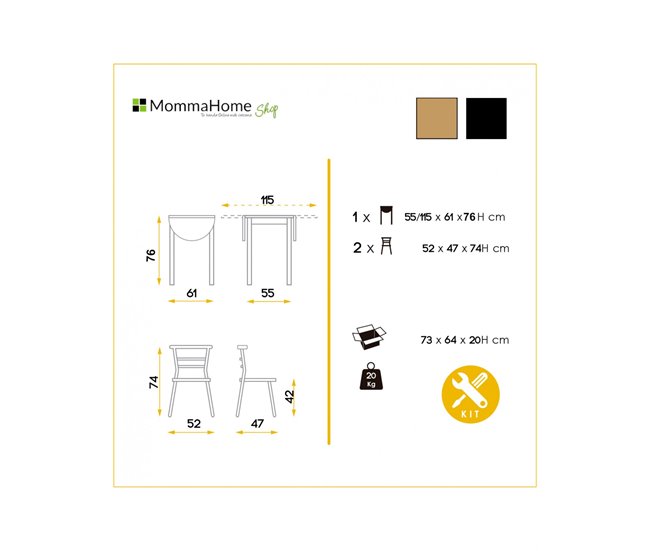 Set Mesa y 2 Sillas - Modelo LEVA - Sobre+asiento MDF - Estructuras Metal Roble