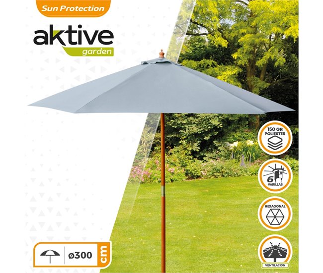Parasol hexagonal 300 cm color antracita mástil madera Aktive Garden Gris