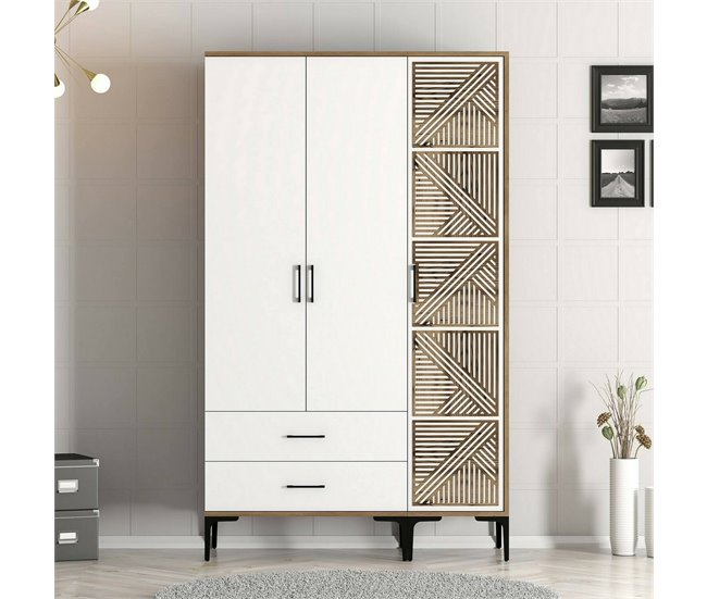 Armário de 3 portas com efeito madeira 120 Blanco/ Madera