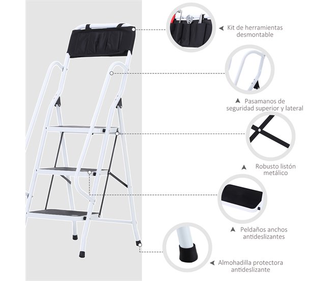 Escalera Plegable Metal, Acero HOMCOM Blanco