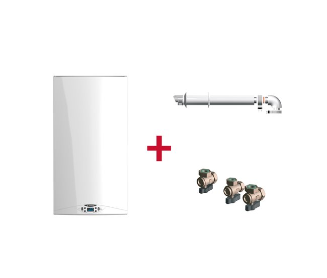 Caldera de condensación, Ariston, HS Premium 24 + Kit de tres grifos + Kit salida de humos, Clase Energetica A Blanco Brillo