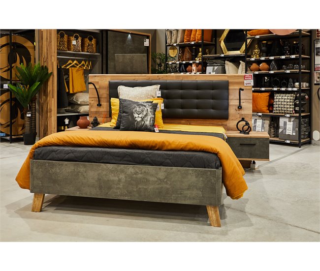 Conjunto cama con cabecero y mesitas de noche RICCIANO Roble