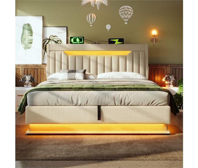 Cama de matrimonio de lino con almacenaje 142x218 Beige