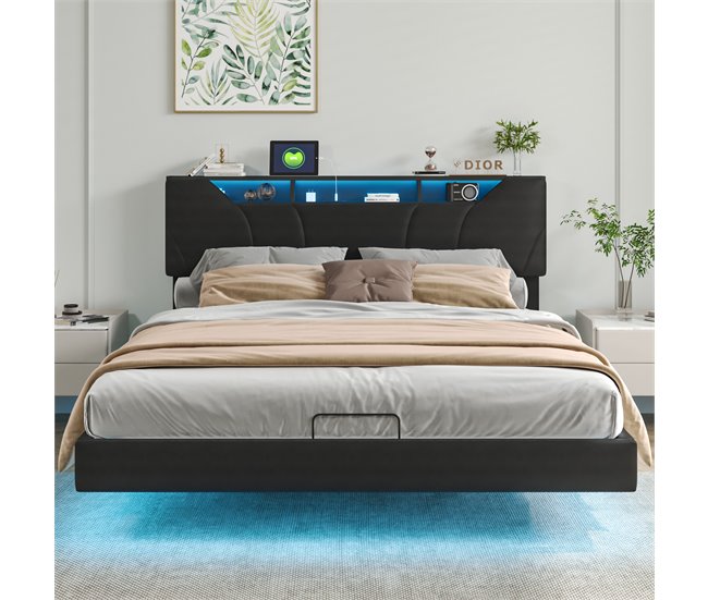 Cama doble hidráulica LED con USB y almacenamiento Gris