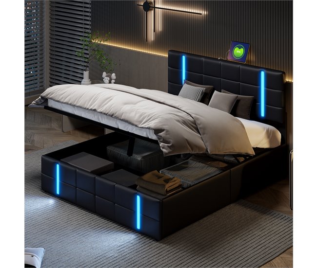 Cama, LED, USB, Tipo-c, Cama juvenil, Cama doble 167x205 Negro