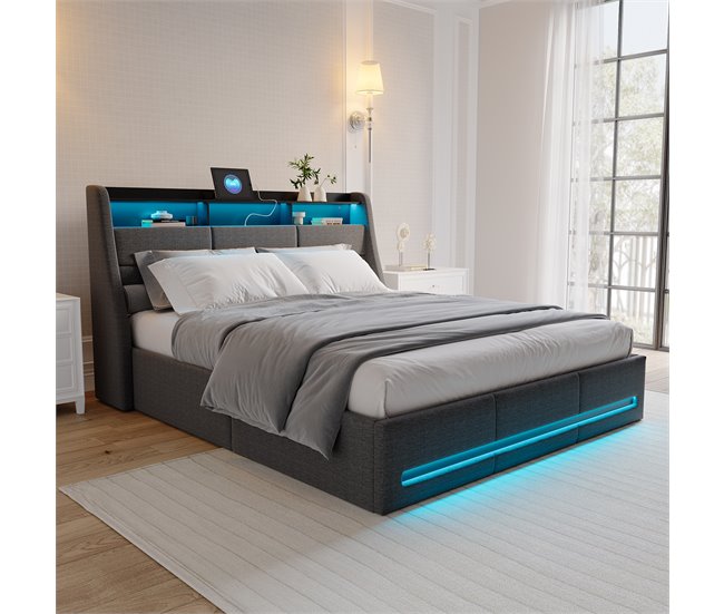 Cama baúl con somier, cama baúl conerto USB tipo C, iluminación LED 152x202 Gris