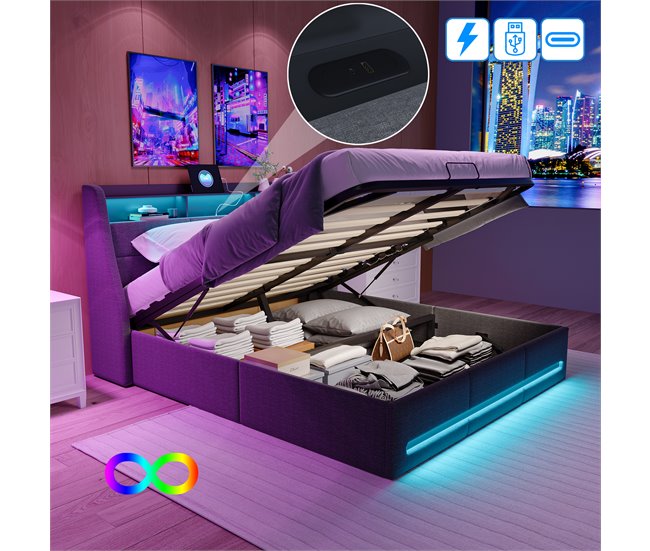 Cama doble, cama LED, USB 152x195 Gris