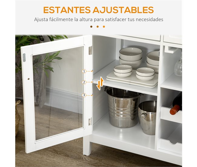Aparador de Cocina MDF, Melamina de Madera, Vidrio Templado 120 Blanco
