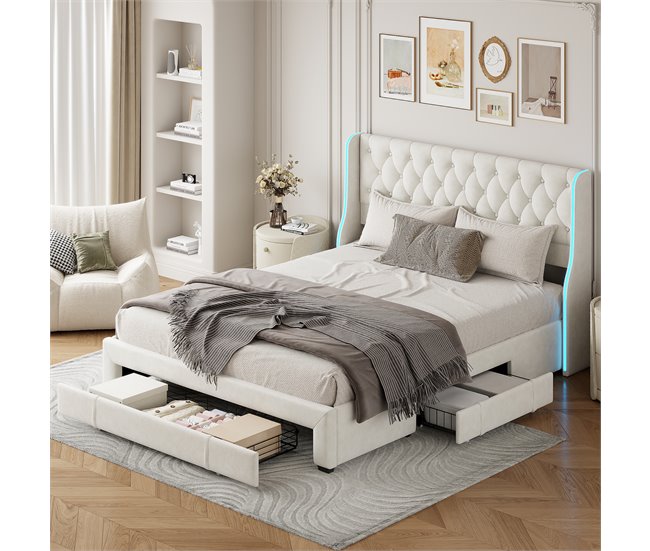 Cama, cajón, cama con canapé, LED, cama funcional Beige