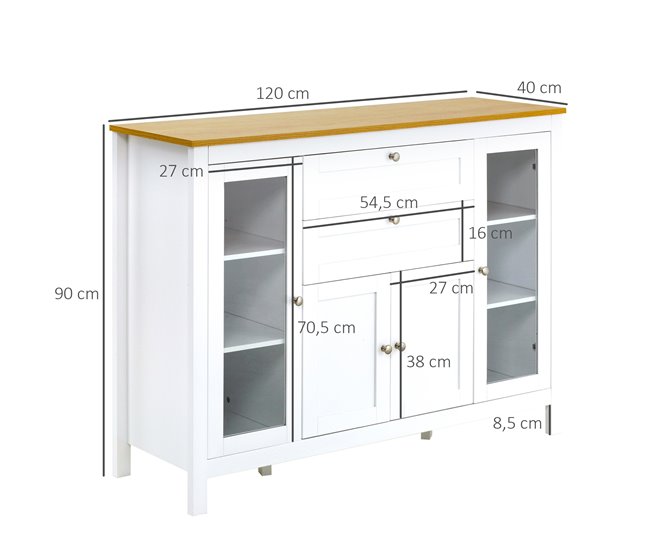 Aparador de Cocina MDF, Vidrio Templado HOMCOM 120 Blanco