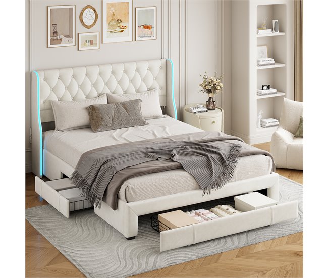 Cama, cajón, cama con canapé, LED, cama funcional Beige