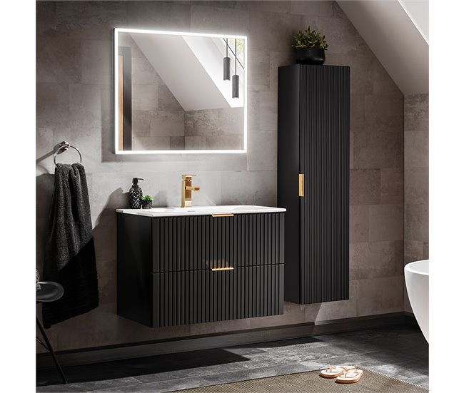 Conjunto de muebles con lavabo espejo LED y columna Adriel 80 Madera