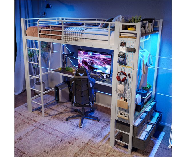 Cama alta para niños 95x227 Blanco/ Madera