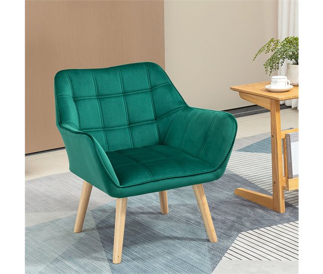 Butaca de Salón Terciopelo, Madera de Caucho HOMCOM Verde