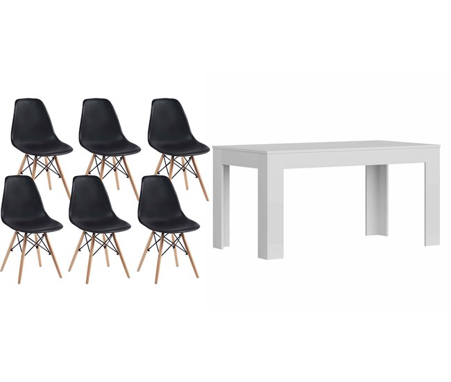 Mesa de Comedor o Cocina + 6 Sillas Estilo Nordico 138x80 Blanco/ Negro