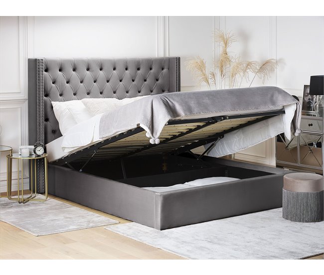 Beliani Cama con almacenaje Terciopelo LUBBON 210x217 Gris