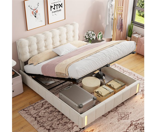 Cama tapizada, luces LED, espacio de almacenamiento Beige