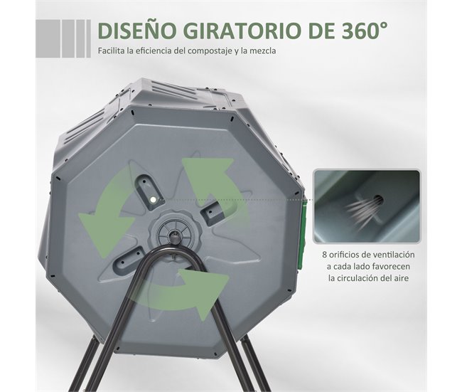 Compostador de Tambor Acero, PP Outsunny Gris