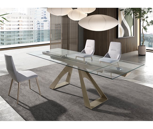 ANGEL CERDA Mesa comedor extensible rectangular cristal templado y acero gris taupé 240x100 Transparente