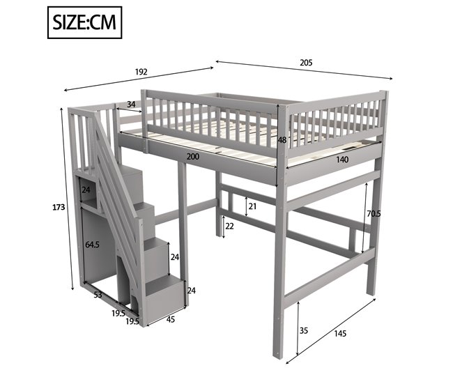 Cama alta para niños 192x205 Gris