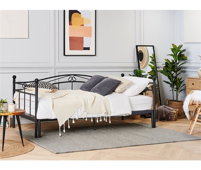 Beliani Cama con somier Metal TULLE 102x209 Negro