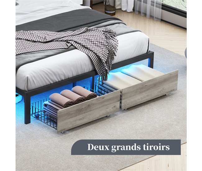 Cama doble con USB, 2 cajones, cabecero PU y LED Negro