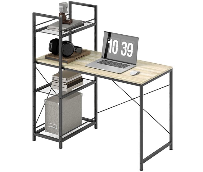 Escritorio con Estantería Melamina de Madera, Acero HOMCOM Marron