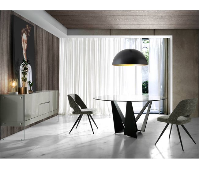 ANGEL CERDA Mesa comedor redonda cristal templado y acero negro 150x150 Transparente