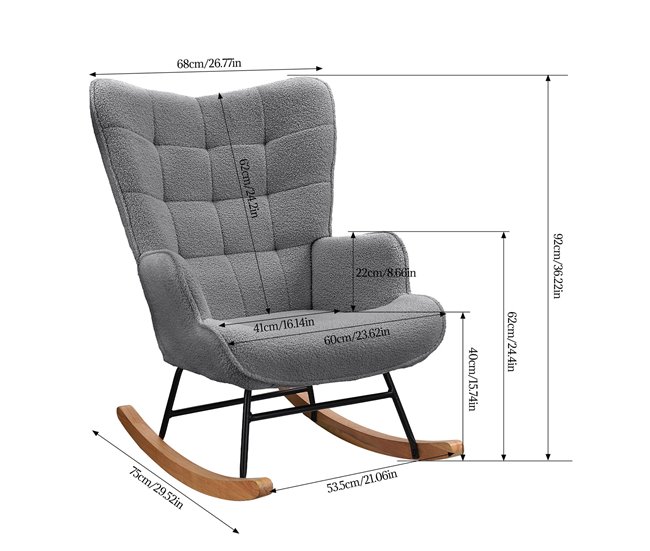 Silla mecedora, sillón de balanceo con respaldo cuadrado Gris Oscuro