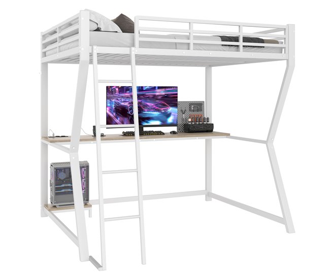 Cama alta para niños 145x204 Blanco/ Madera