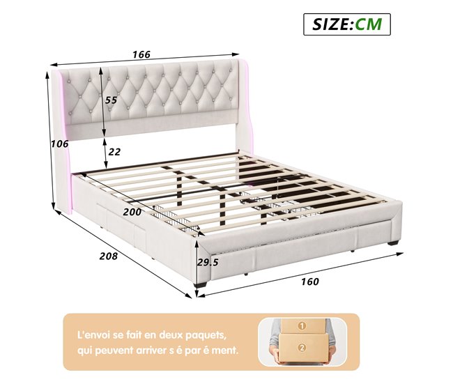 Cama, cajón, cama con canapé, LED, cama funcional Beige