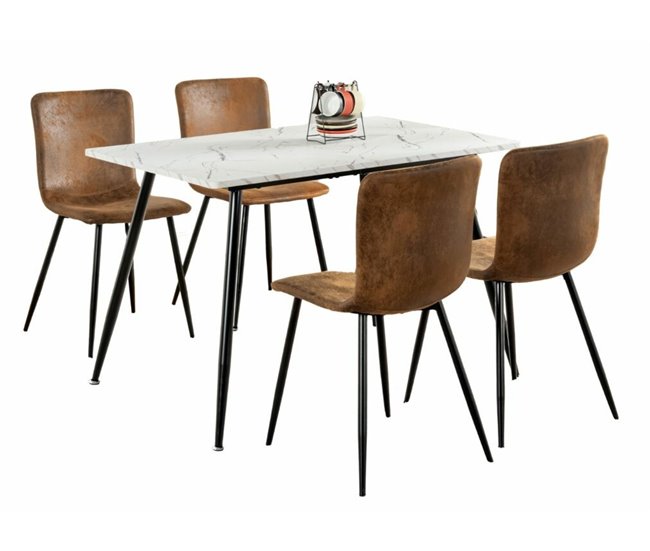 Conjunto de mesa efecto mármol y 4 sillas escandinavas retro Marron